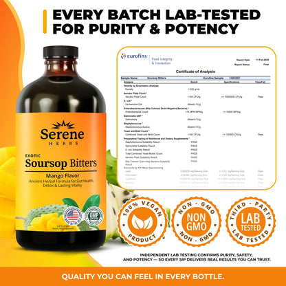 Serene Herbs Soursop Bitters Liquid with Soursop Leaves for Gut Cleanse, Detox & Immune Boost with Black Seed, Moringa, Irish Moss