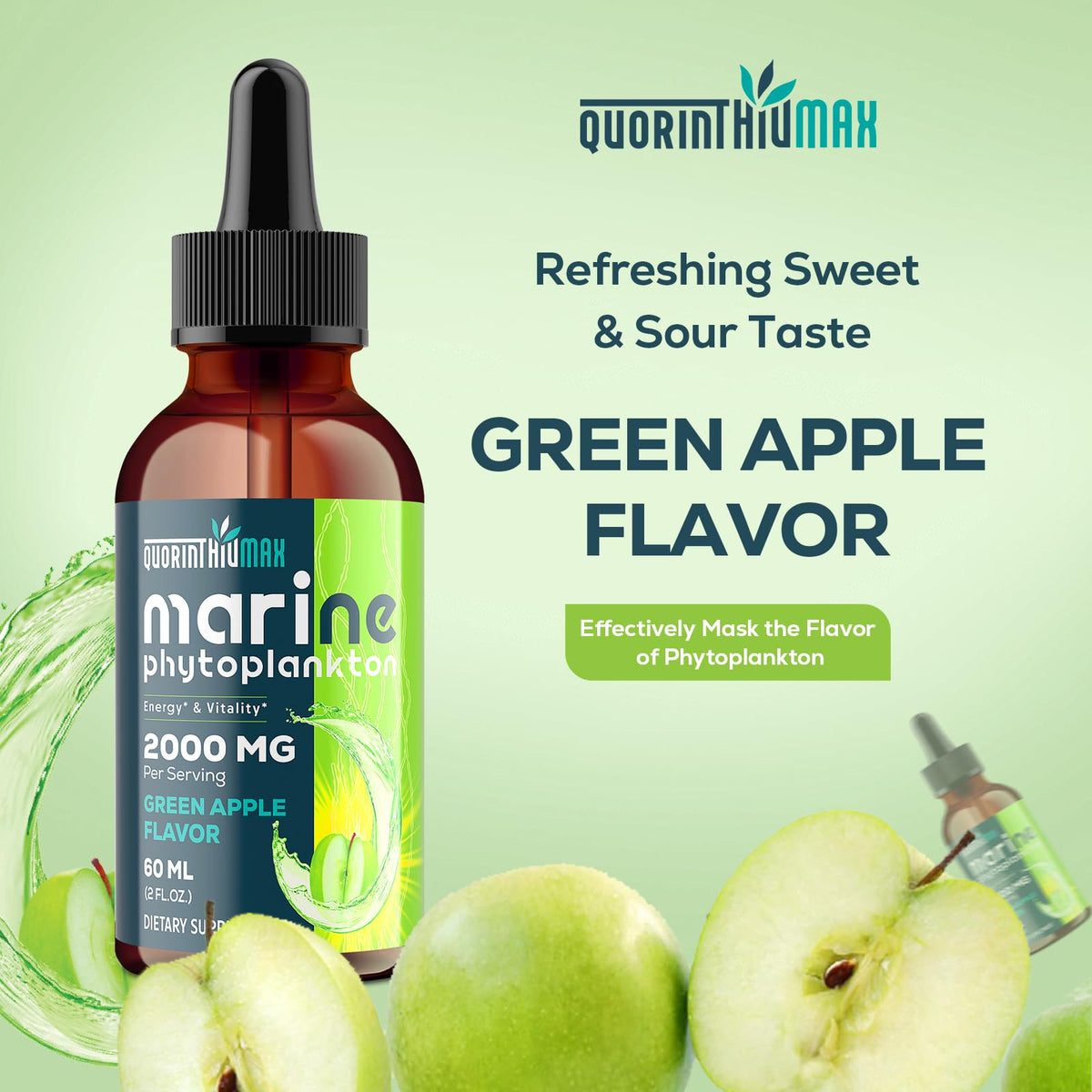 Marine Phytoplankton Drops 2000mg - High Absorption Phytoplankton Supplement with Wheatgrass & Fo-ti for Cellular Wellness, Hair Growth, Energy & Immunity - Green Apple Flavor, 2 fl oz (Pack of 2)