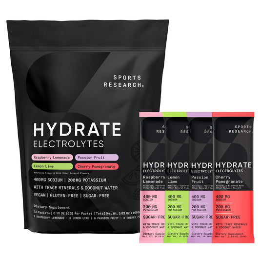Sports Research® Hydrate Electrolytes Powder Packets - Sugar-Free & Naturally Flavored with Vitamins, Minerals, and Coconut Water