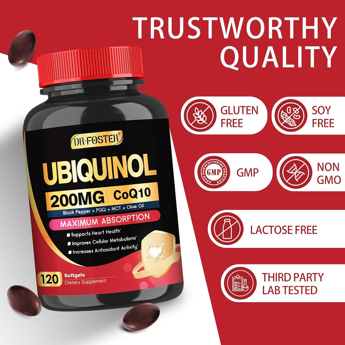 DRFOSTER Ubiquinol CoQ10 200mg, with PQQ & Vitamin E, 120 Servings | Active Ubiquinol, Coq10 200mg, Black Pepper for Max Absorption, Allergen-Free, Powerful Antioxidant, Brain & Energy Support