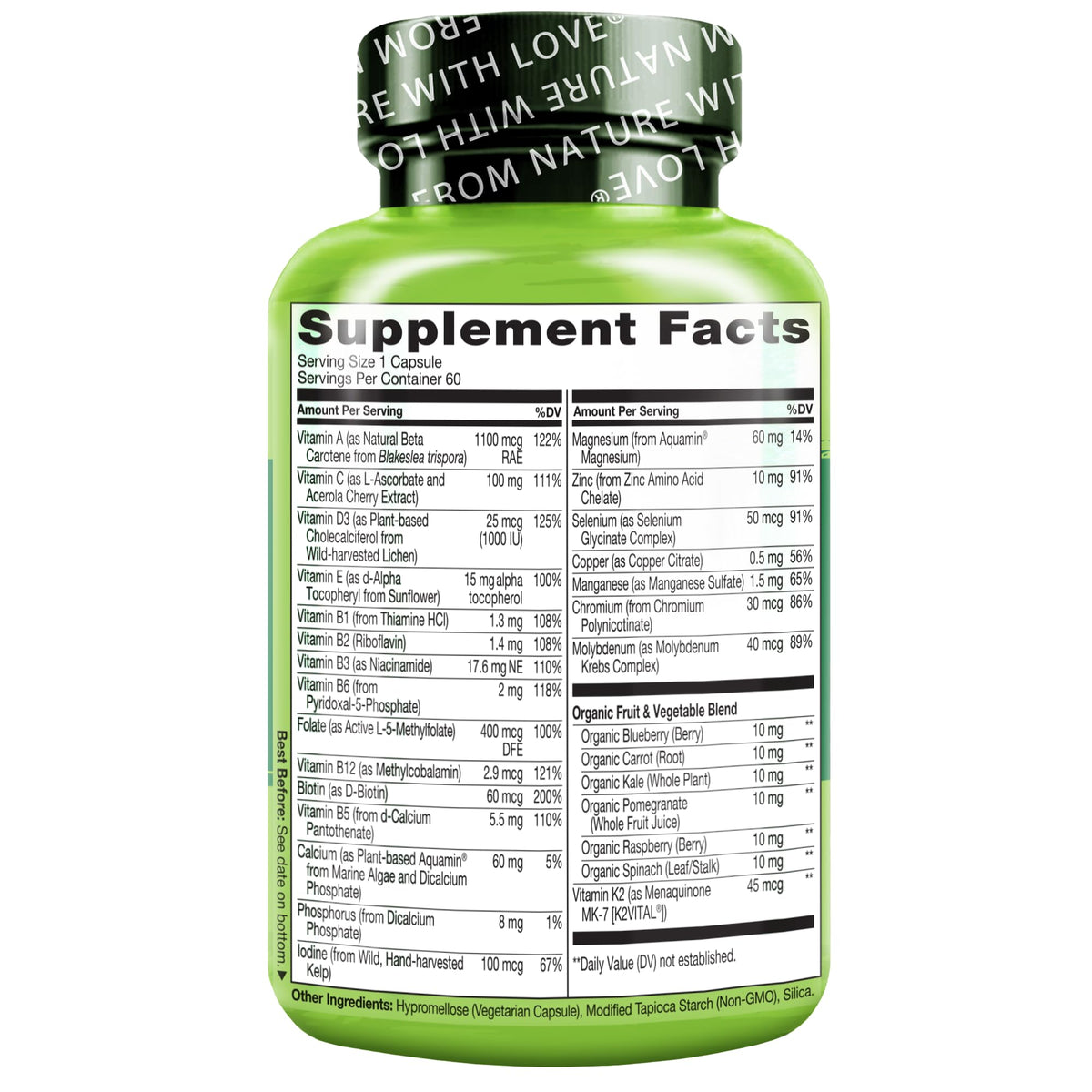 NATURELO Mens Multivitamins for Men 50+ - One Daily Multivitamin for Men with Vitamins, Minerals & Organic Whole Foods, Boost Energy & Health, Non-GMO, 60 Vegetarian Capsules