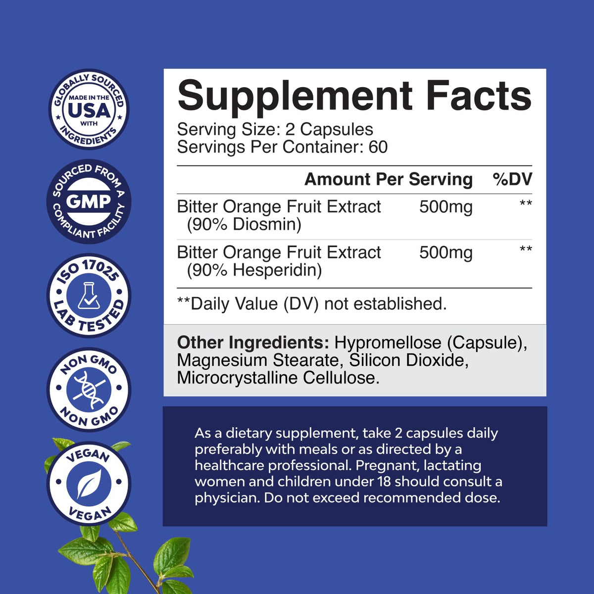 Diosmin Hesperidin 1000mg Complex for Adults - Bitter Orange Supplement for Varicose Veins Support, Leg & Feet Blood Health - Diosmin & Hesperidin Supplements from Citrus Aurantium - 60 Count