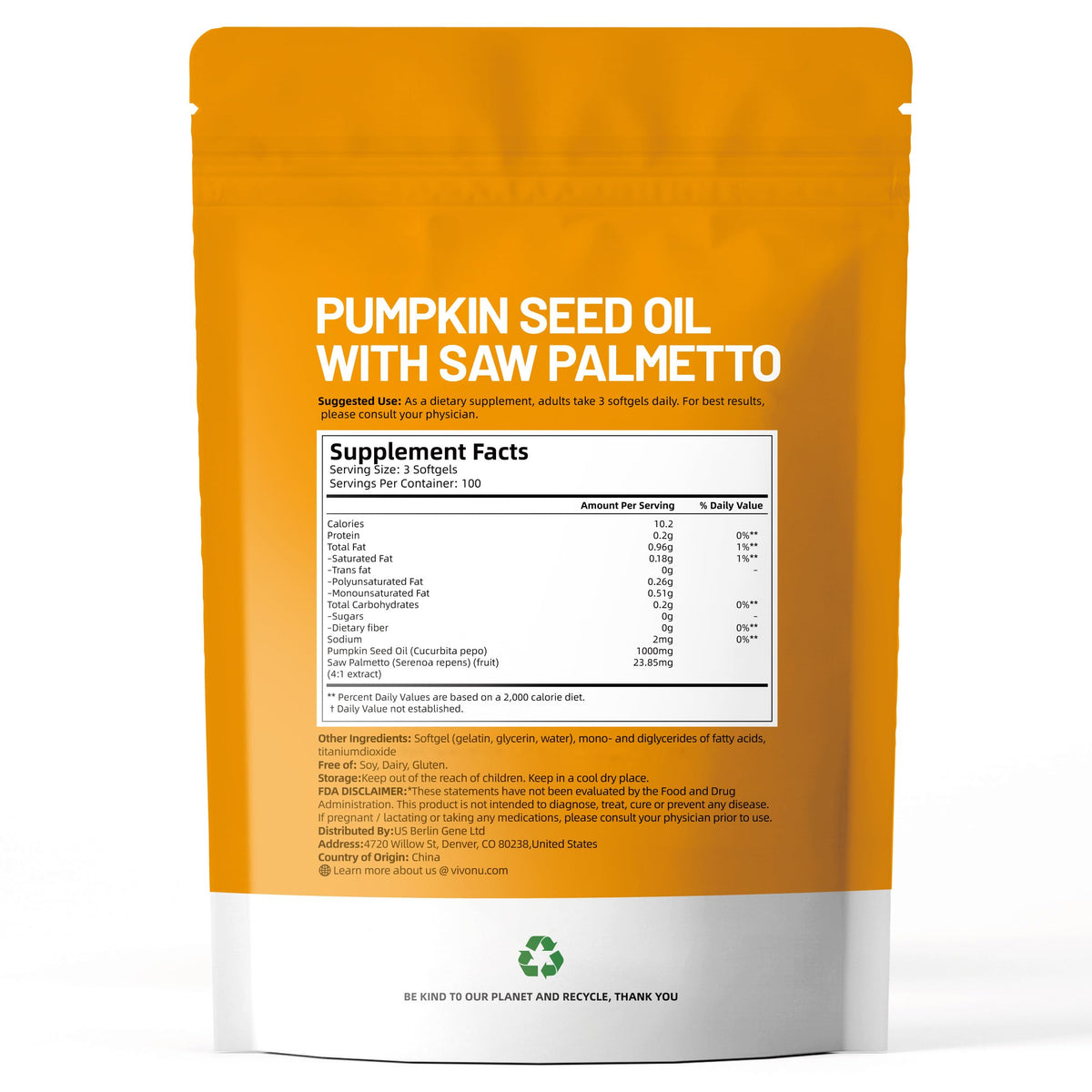 VivoNu Pumpkin Seed Oil with Saw Palmetto Capsules | Cold Pressed, Pure Virgin Oil, Essential Fatty Acids & Phytosterols | 300 SoftgelsSupports Hair, Urinary, Bladder & Prostate Health | Non-GMO