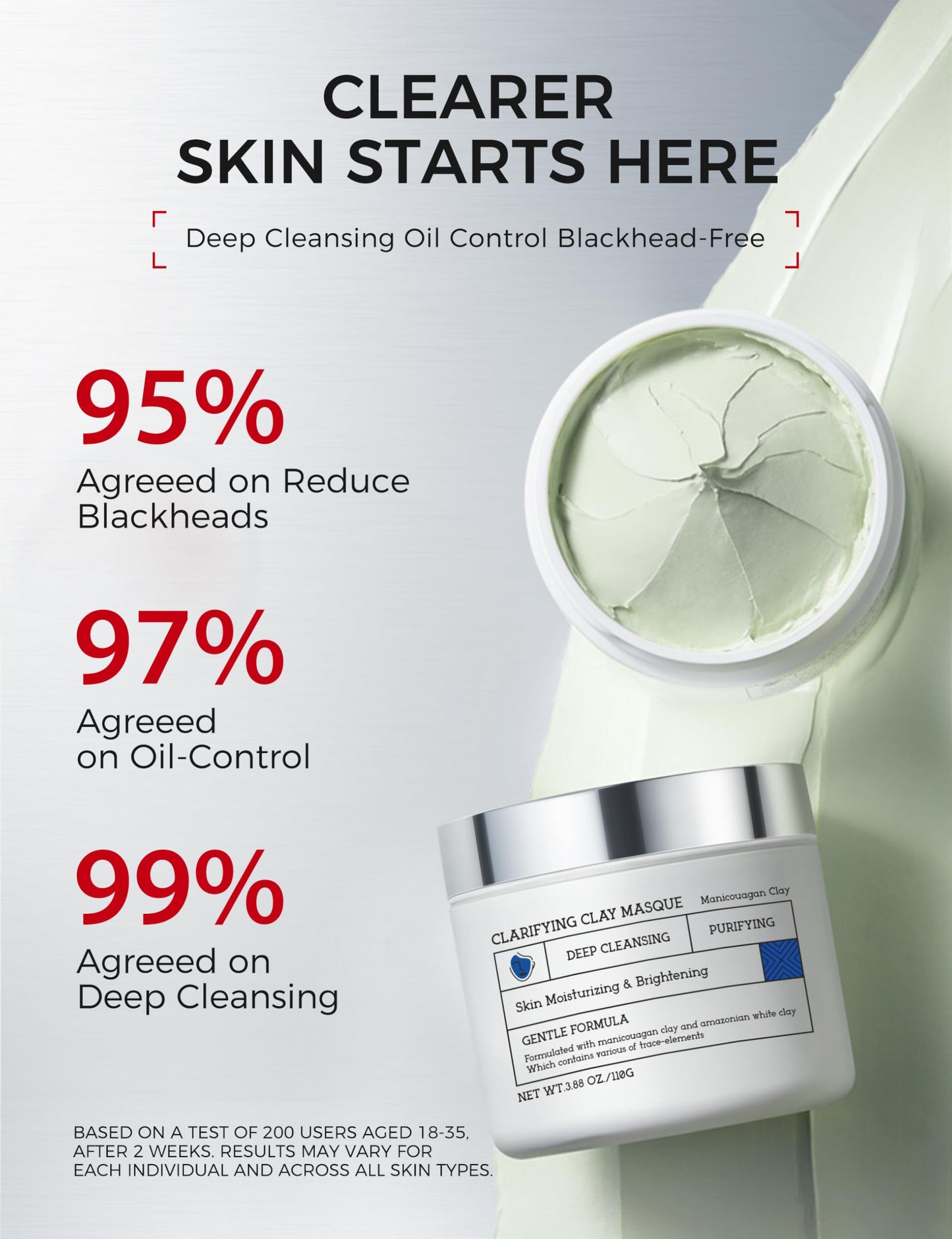 NING DERMOLOGIE Clay Mask for Face & Sensitive Skin: Triple Mud Formula Deep Cleans Pores Reduces Acne Balances Oil & Improves Texture - 3.88 Oz