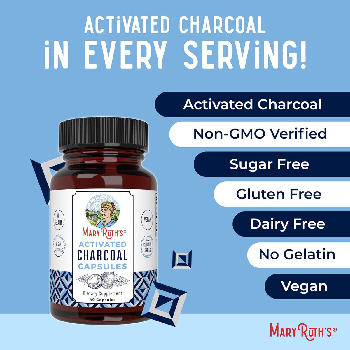 MARYRUTH'S Activated Charcoal Capsules 950 mg Activated Charcoal | Substance Adsorption | Derived from Coconut Shells | Vegan Capsules from Pine Trees | Non-GMO | Gluten Free | 40 Count