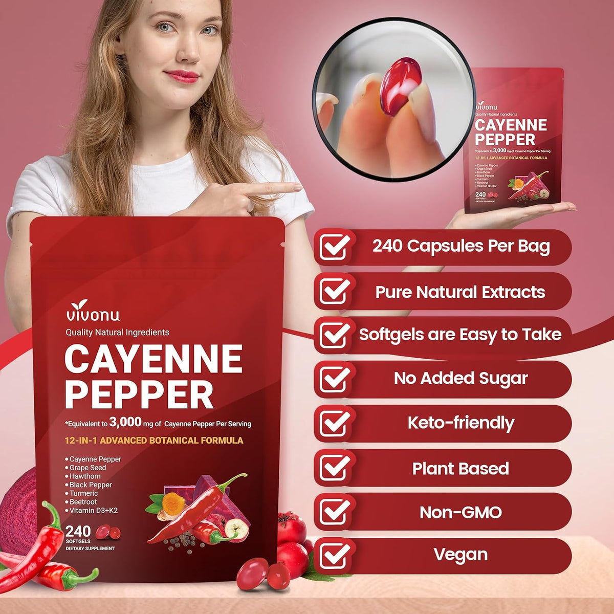 VivoNu Cayenne Pepper Softgels Supplement with Vitamin E D3+K2 and Extracts of Grape Seed, Hawthorn, Beetroot, Berberine and Others, Supports Leg Vein, Heart and Blood Vessel Health