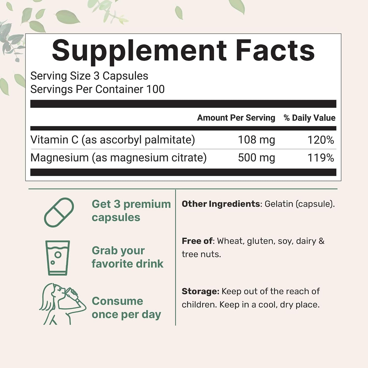 Pure Magnesium Citrate Supplements 500mg, 300 Capsules | Fat-Soluble Vitamin C Added | 100% Chelated | Only Active Ingredients