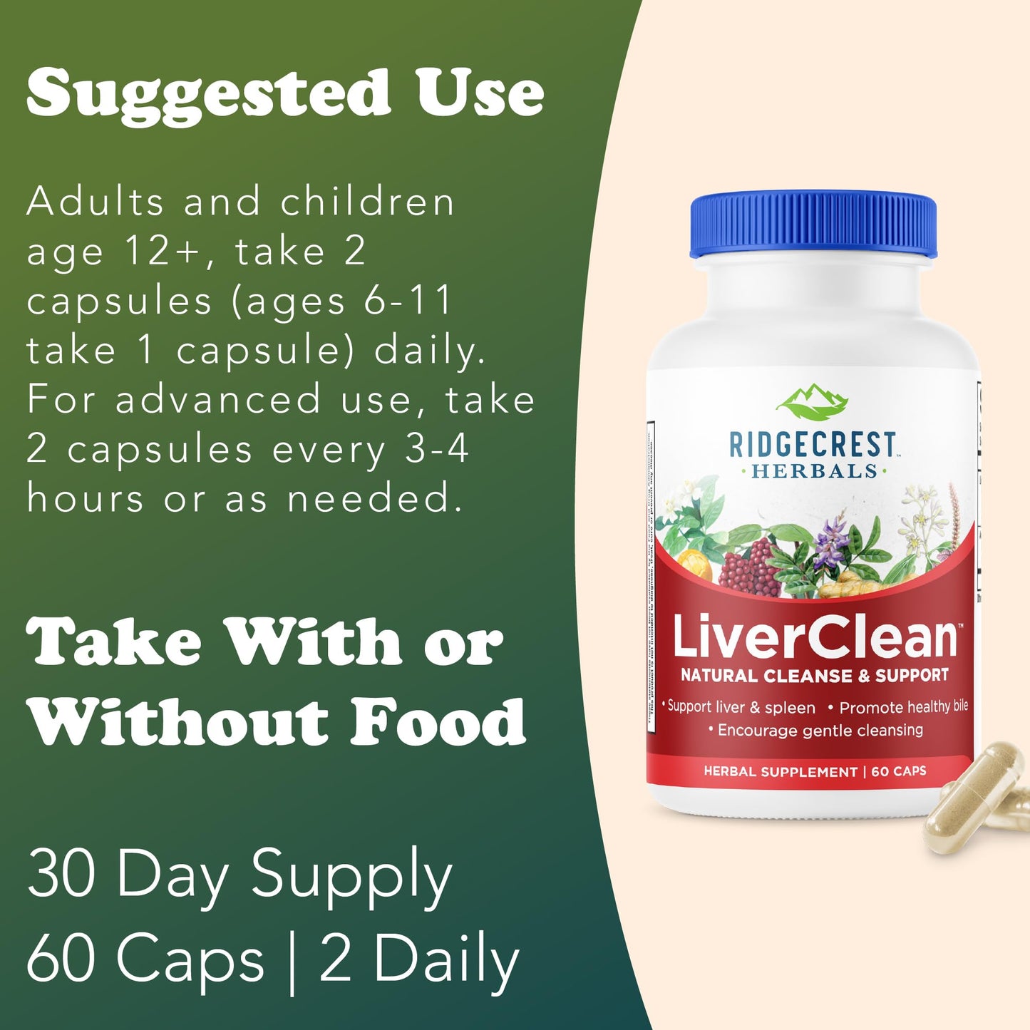 Ridgecrest Herbals LiverClean, Herbal Liver Support Supplement, Blessed Thistle, Dandelion, Detox, Cleanse Support, Healthy Bile (60 Caps, 30 Serv)