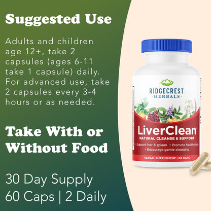 Ridgecrest Herbals LiverClean, Herbal Liver Support Supplement, Blessed Thistle, Dandelion, Detox, Cleanse Support, Healthy Bile (60 Caps, 30 Serv)
