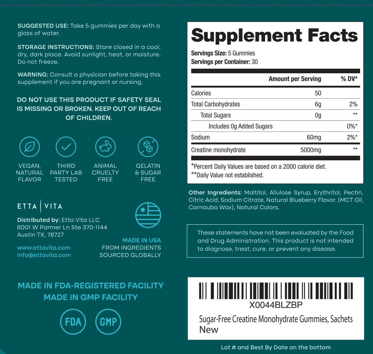 Sugar-Free Creatine Monohydrate Gummies - 5g per Serving, Lemon flavor 90Ct | Creatine gummies for women & men to support muscle, cellular energy & cognitive function, vegan, non-GMO, gluten-free, USA