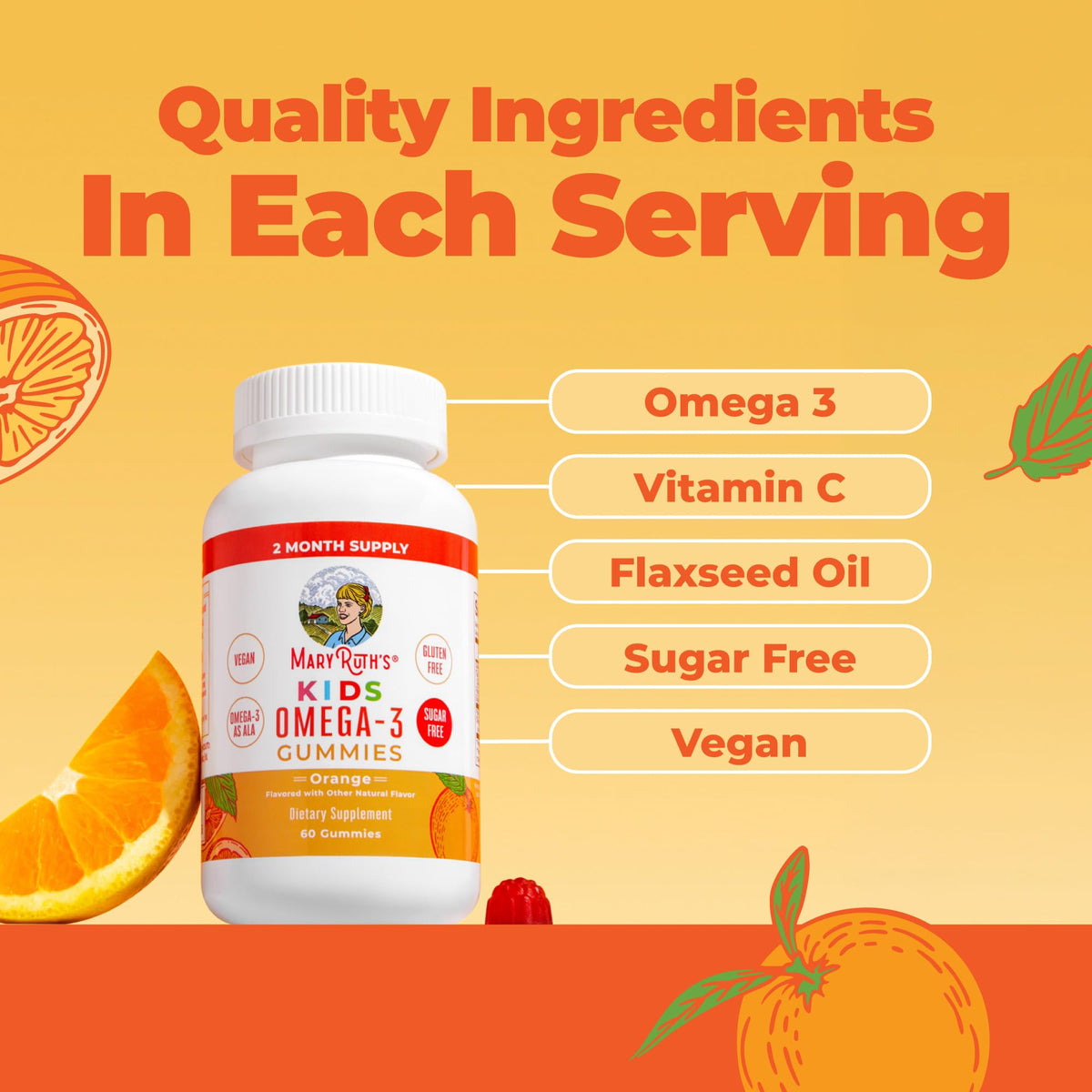 MARYRUTH'S Vegan Omega 3 Gummies for Kids 4 2 Month Supply | Sugar Free | Omega 3 Supplement with Vitamin C | Flaxseed Oil | Immune Support | Essential Nutrient ALA | No Fish Taste | 60 Count