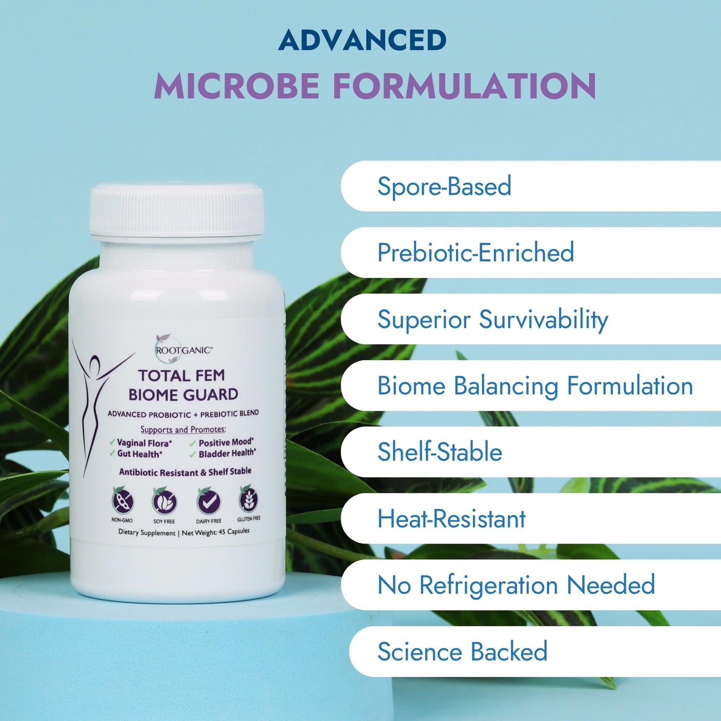 Rootganic Total Fem Biome Guard Pre+Probiotics for Women - Spore-Based Women's Probiotic with Prebiotics for Superior Vaginal Health Supplement and Gut Support - 45 Servings
