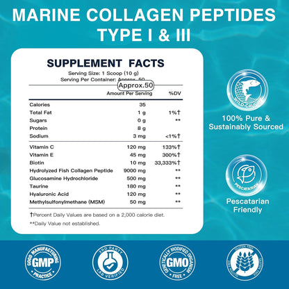 DRFOSTER Marine Collagen Peptides Powder, Multi Type I & III, 50 Servings | Wild-Caught Fish Collagen with MSM, Hyaluronic Acid, Vitamins C & E for Skin, Hair, Nails, Non-GMO