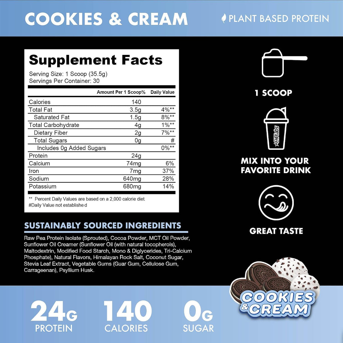 BLESSED Vegan Protein Powder - Plant Based Protein Powder Meal Replacement Protein Shake, 23g of Pea Protein Powder, Dairy Free, Gluten Free, Soy Free, No Sugar Added, 30 Servings (Cookies & Cream)