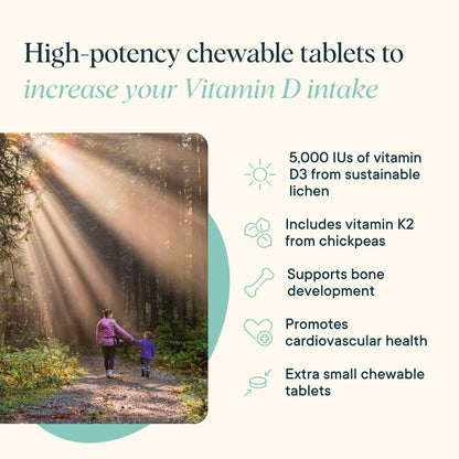 Ora Organic Vitamin D3 5000IU + K2 - Vegan Vitamin D from Lichen and K2 from Chickpeas for Bone Health, Immune Support, & Mood, Maximum Absorption - 1 Month Supply, 30 Chewable Tablets (Pack of 2)