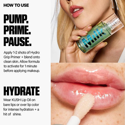Milk Makeup Mini 12HR Hydro Grip Primer + Full Size KUSH Lip Oil Gift Set – Hydrating Face Primer + Clear Lip Gloss – Travel Friendly, All-Day Wear