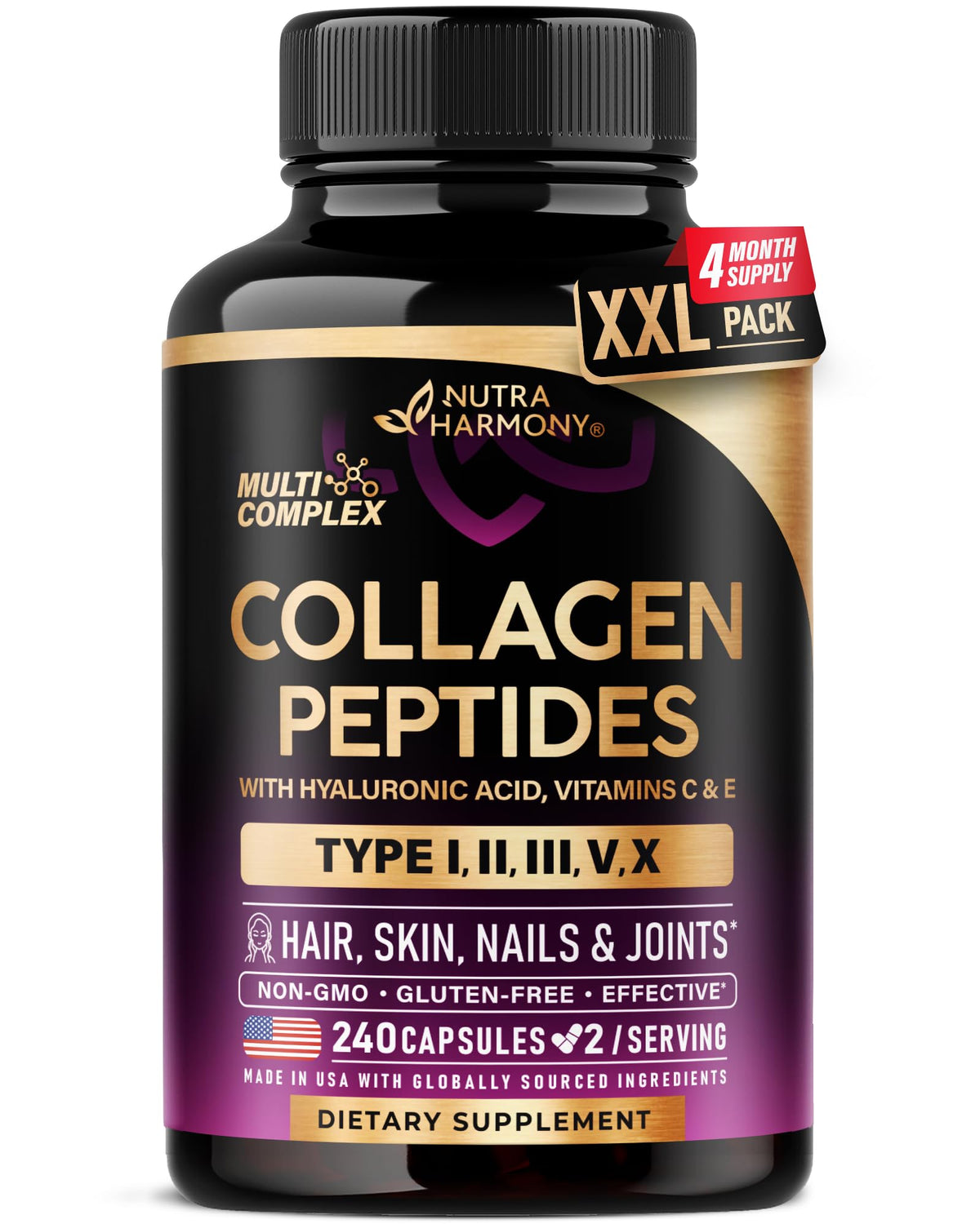 Multi Collagen Peptides - Hydrolyzed Types I, II, III, V & X - Collagen Supplement for Women 1300mg - w/ Hyaluronic Acid, Vitamins C & E - Skin, Hair, Nails & Joint Support - Lab Tested - 120 Capsules