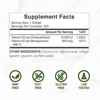 DEAL SUPPLEMENT Vitamin D3 10,000 IU + K2 MK7 200mcg Softgels, 250 Count | 2-in-1 Complex with Virgin Coconut Oil | Easy to Swallow