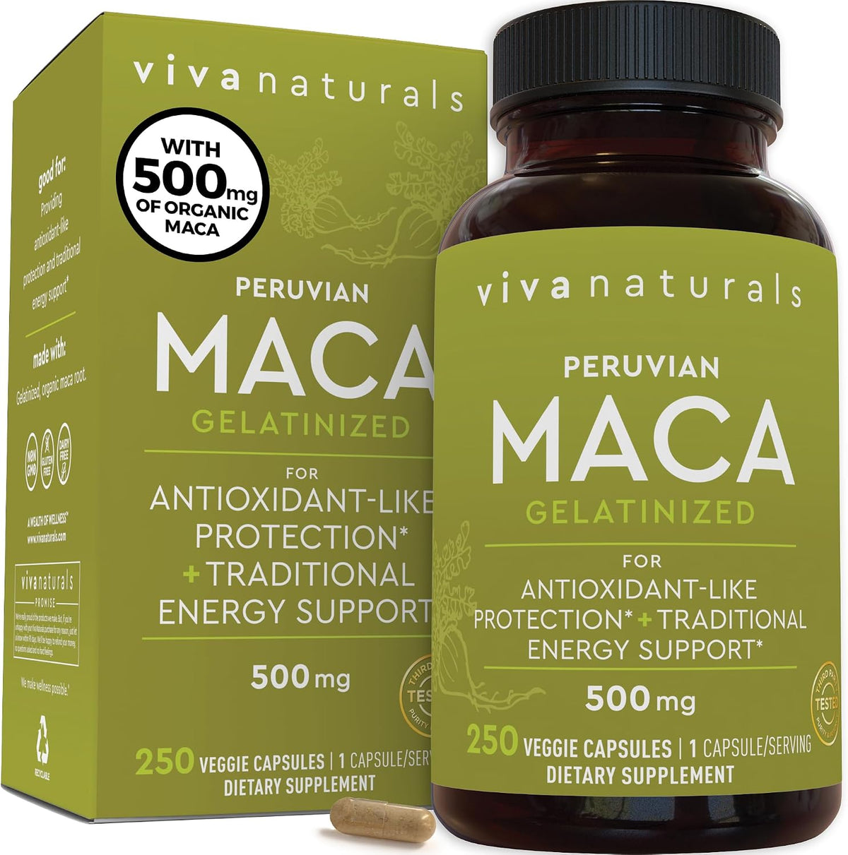 Viva Naturals Peruvian Maca Root Supplement for Women & Men, 500mg - Traditionally Used for Energy, Stamina & Endurance - 250 Yellow Maca Root Powder Capsules, Gelatinized for Easier Digestion