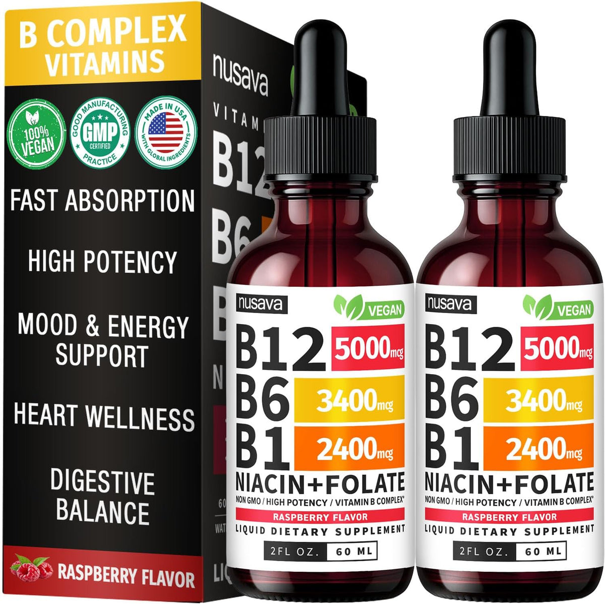 NUSAVA Unflavored D3 K2, Strawberry Flavored D3 K2 & Vitamin B12 Liquid Drops Bundle — Daily Wellness Liquid Vitamins for Energy & Immune Support — Non-GMO, Gluten-Free, 2pk Each