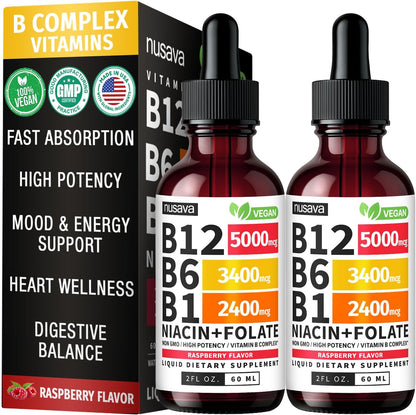 NUSAVA Unflavored D3 K2, Strawberry Flavored D3 K2 & Vitamin B12 Liquid Drops Bundle — Daily Wellness Liquid Vitamins for Energy & Immune Support — Non-GMO, Gluten-Free, 2pk Each
