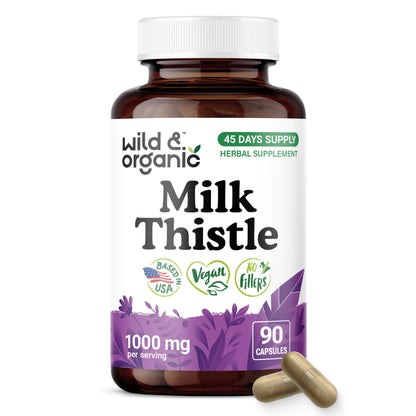 Wild & Organic Milk Thistle Capsules 1000mg - Liver Detox Supplements - Silymarin Milk Thistle Powder for Liver Cleanse - 90 Vegan Capsules - 45-Days Supply - No Fillers, Non-GMO