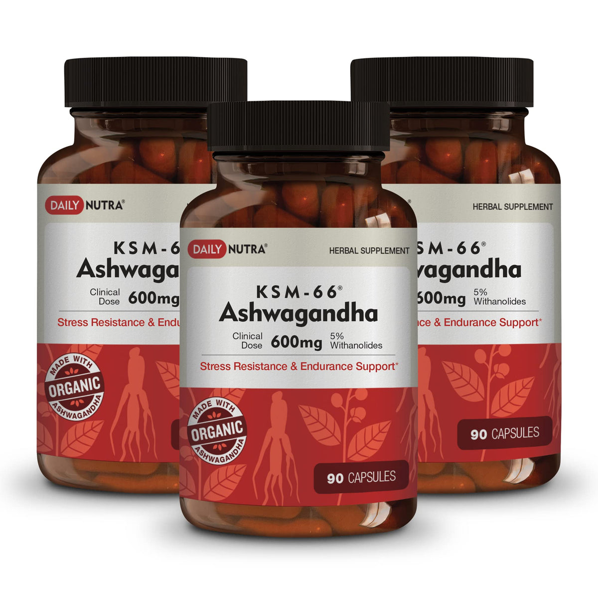 DailyNutra KSM-66 Ashwagandha 600mg Organic Root Extract - High Potency Supplement with 5% Withanolides | Relieves Tiredness, Supports Relaxation, Focus, Energy, & Muscle Growth (90 Capsules)