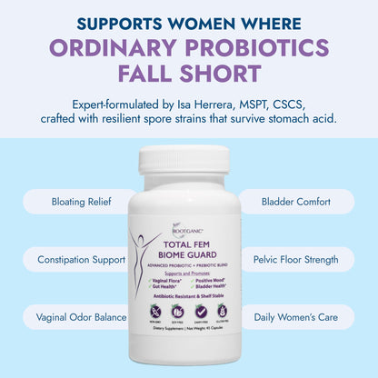 Rootganic Total Fem Biome Guard Pre+Probiotics for Women - Spore-Based Women's Probiotic with Prebiotics for Superior Vaginal Health Supplement and Gut Support - 45 Servings