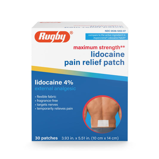 Rugby Maximum Strength Lidocaine Pain Relief Patch - 4% Lidocaine - Topical Anesthetic - Unscented - 30 Patches (1 Pack) RUGBY LABORATORIESBuy Supplements Australia
