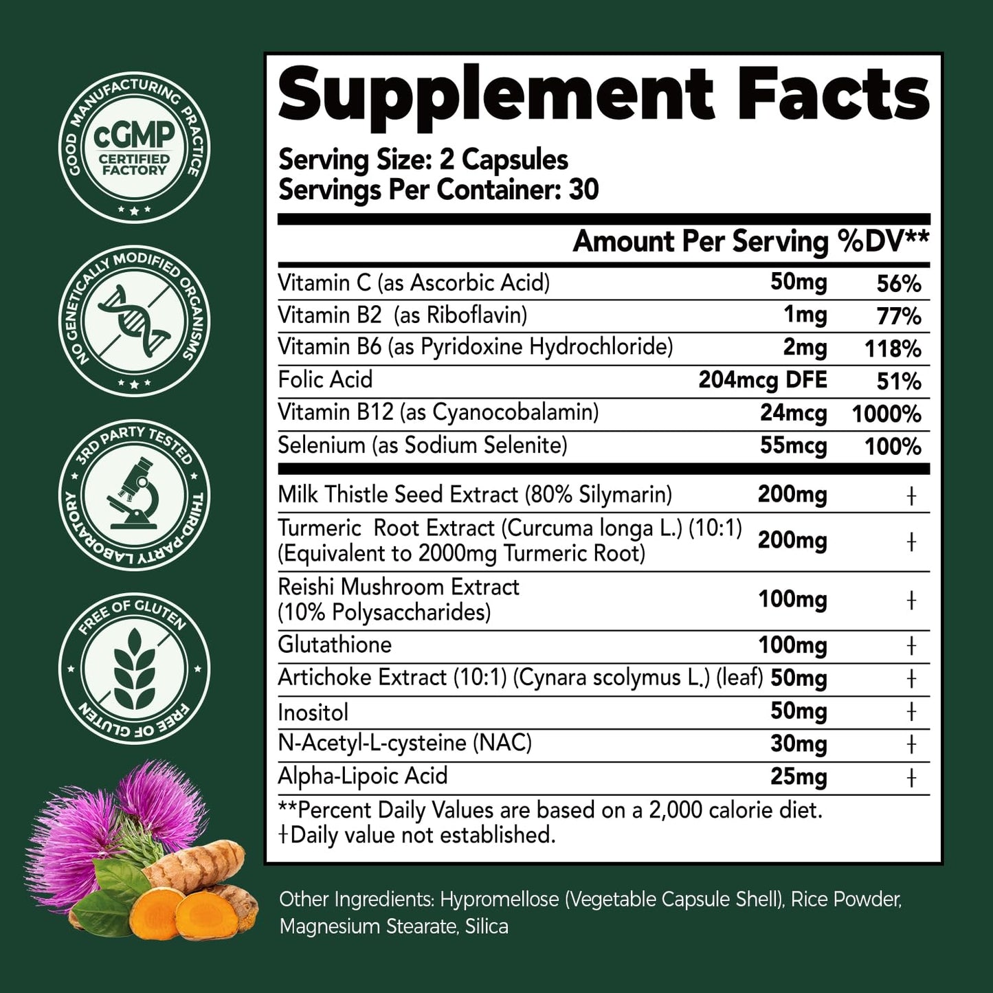 HojaSana Milk Thistle Liver Support - 80% Silymarin, 15-in-1 Formula with Glutathione, NAC, Turmeric, Artichoke and Reishi - Antioxidant, Metabolism