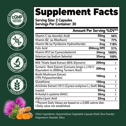 HojaSana Milk Thistle Liver Support - 80% Silymarin, 15-in-1 Formula with Glutathione, NAC, Turmeric, Artichoke and Reishi - Antioxidant, Metabolism