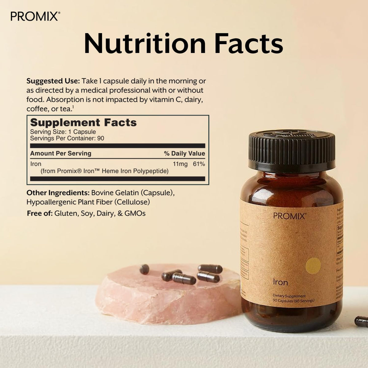 Promix Nutrition Heme Iron Supplement | Gut Friendly | 11mg polypeptide Formula - 90 Count