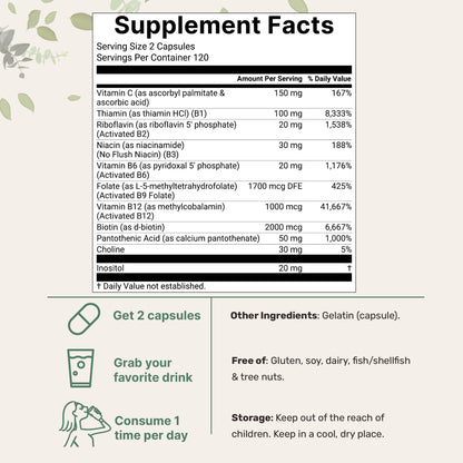Micro Ingredients Pure Methylated B Complex Vitamins, 240 Capsules | 11-in-1 with Methylfolate, Methylcobalamin B12 & P5P + Fat-Soluble Vitamin C, Choline & Inositol. Filler Free, Non-GMO.
