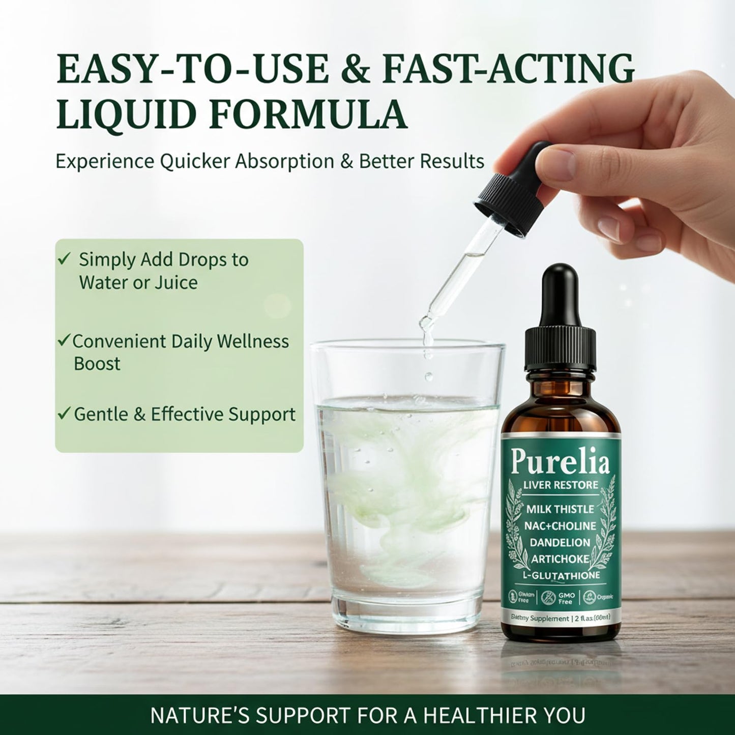 Purelia Liver Restore, 2.02FL OZ Liver Restore Drops, Complete Liver Support Supplement with Milk Thistle, Dandelion Root, L-Glutathione & Choline for Natural Balance & Liver Cleanse