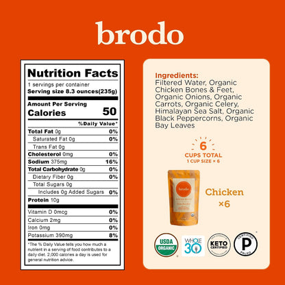 Brodo Ready to Drink Organic Chicken Collagen Rich Bone Broth (6 X 8 oz) | Organic Bone Broth with Collagen, Protein Soup & Sipping Broth for Healthy Meal Prep, Soups and Bone Broth Packets