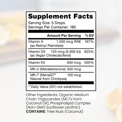 Pure TheraPro Rx Vegan A-D-K Drops-6 Mon Supply-Vitamin A(Palmitate & Betacarotene),Liposomal Vitamin D3(as vegan cholecalciferol),Liposomal Vitamin K2(MK-4 & MK-7)Supports Immunity & Bone Health-20mL