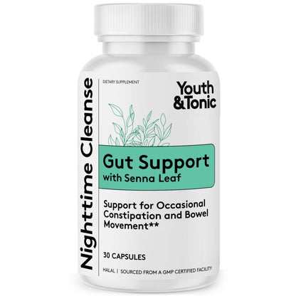 Youth & Tonic Overnight Intestinal Cleanse Supplement for Occasional Constipation Relief, Gut & Colon Cleanse Detox with Senna Leaf, Psyllium Husk Powder