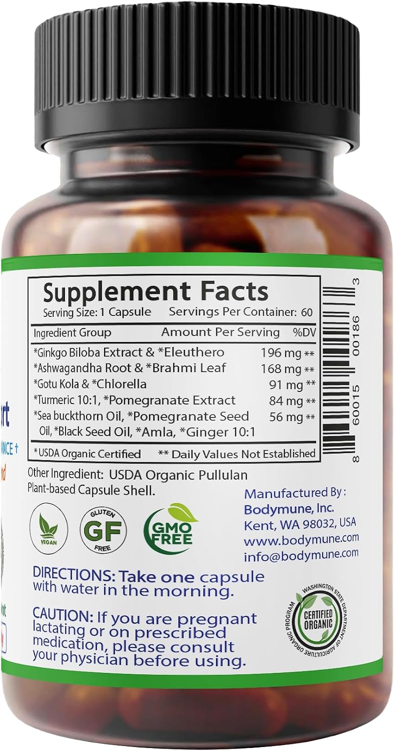 Bodymune MemorySupport Brain Health Formula | Supports Mental Clarity, Recall & Concentration* | USDA Organic Nootropic Blend with Ginkgo Biloba & Ashwagandha | 60 Vegan Caps | Made in USA