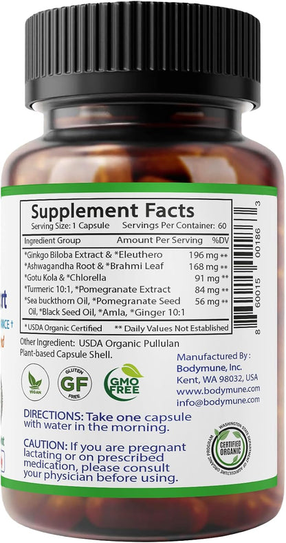 Bodymune MemorySupport Brain Health Formula | Supports Mental Clarity, Recall & Concentration* | USDA Organic Nootropic Blend with Ginkgo Biloba & Ashwagandha | 60 Vegan Caps | Made in USA