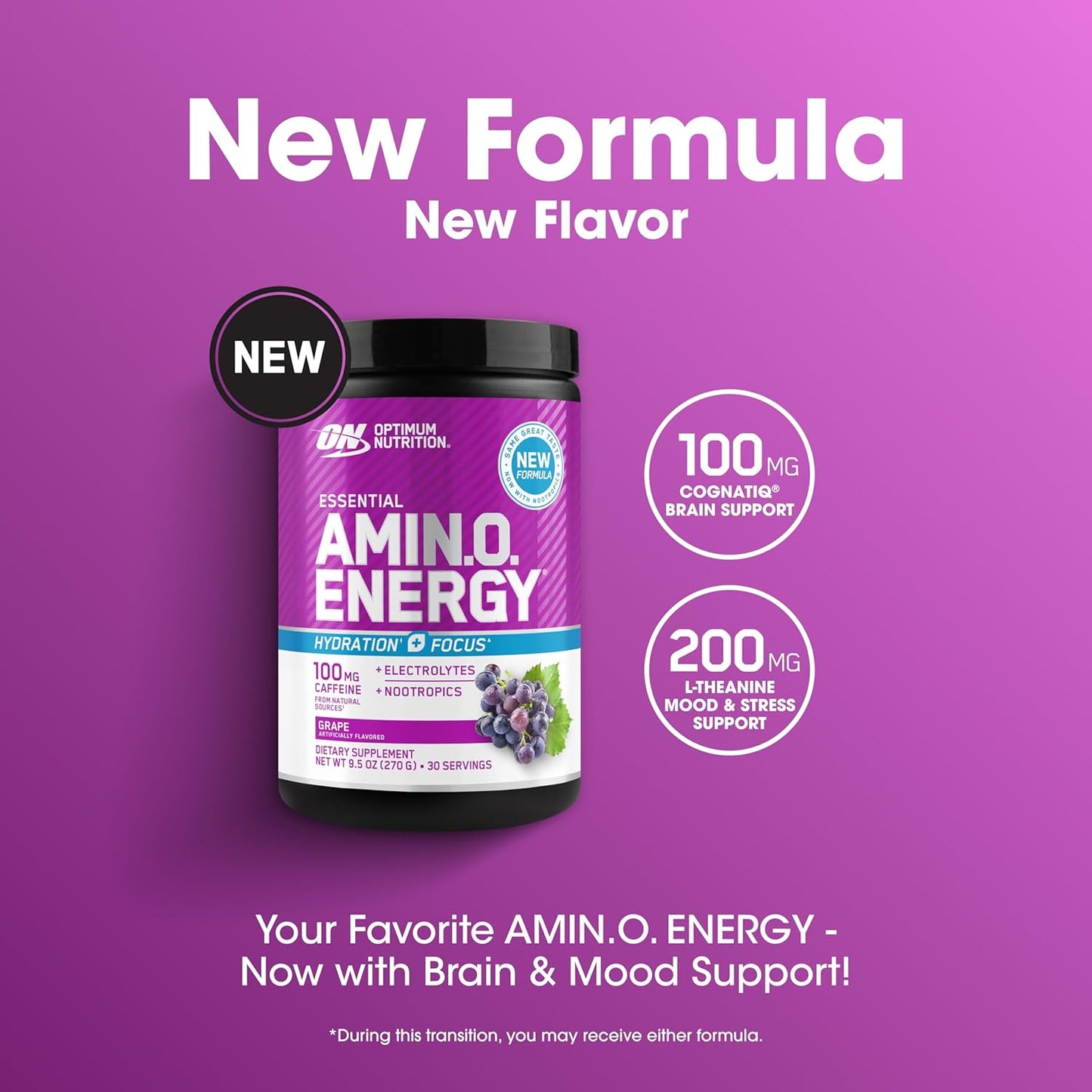 Optimum Nutrition Amino Energy Powder Plus Focus, Electrolytes, and Caffeine, Grape, 30 Servings