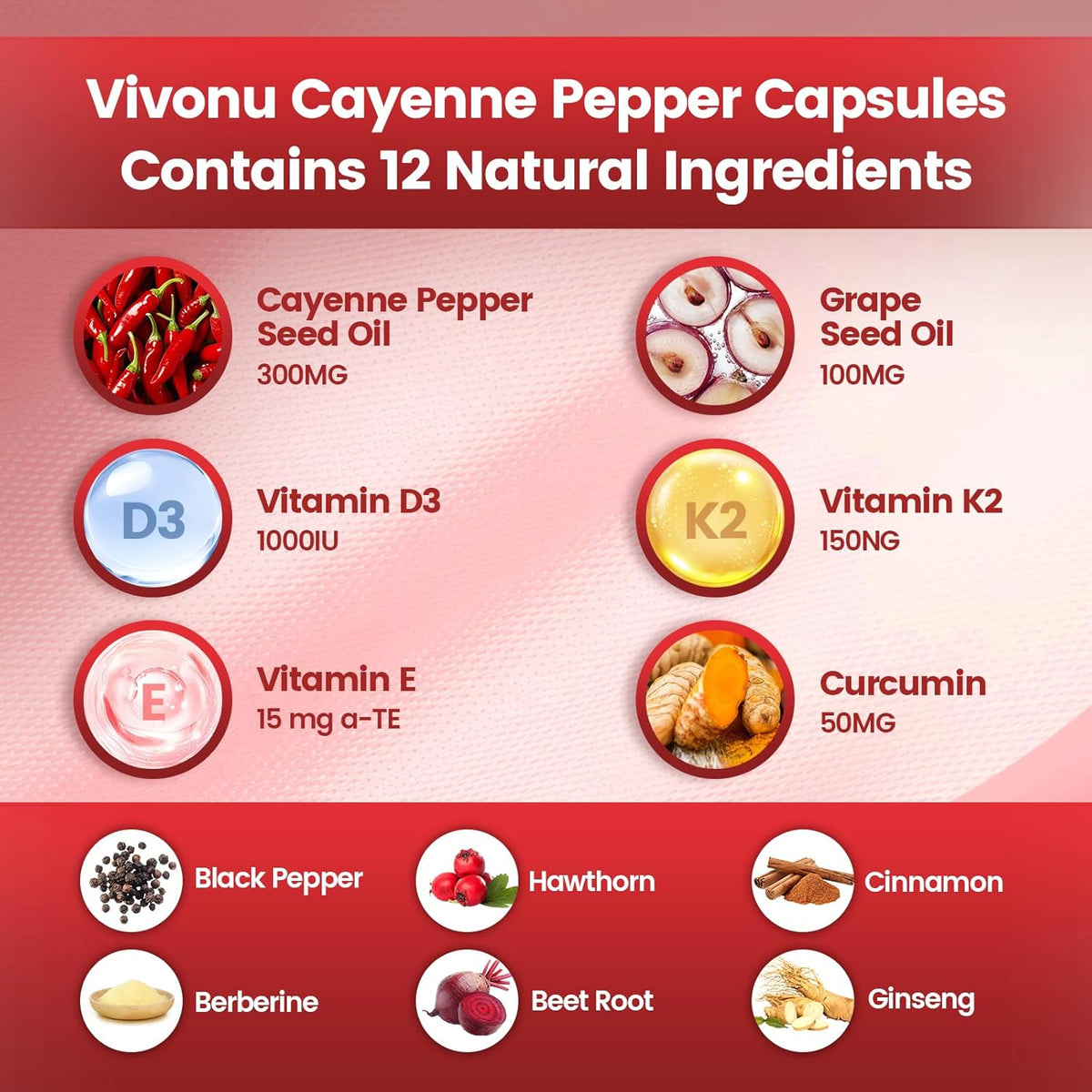 VivoNu Cayenne Pepper Softgels Supplement with Vitamin E D3+K2 and Extracts of Grape Seed, Hawthorn, Beetroot, Berberine and Others, Supports Leg Vein, Heart and Blood Vessel Health