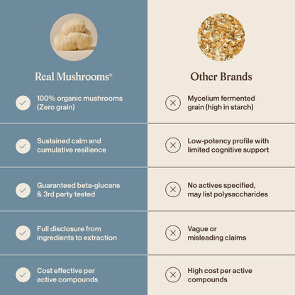 Real Mushrooms Calm Lions Mane Capsules (90 Count) – 400mg Organic Lions Mane Fruiting Body Extracts, 200mg Organic Reishi, 200mg AlphaWave L-Theanine for Calm Clarity & Relaxed Alertness, 90ct