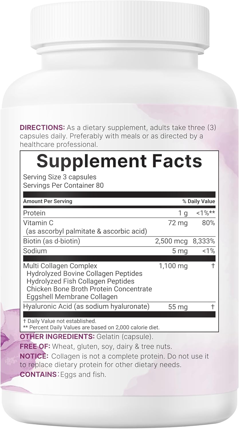 Micro Ingredients Multi Collagen Peptides Pills, 240 Capsules | For Women & Men. Type I, II, III, V, X. Hydrolyzed Collagen Supplement with Biotin, Hyaluronic Acid & Vitamin C. Filler Free.