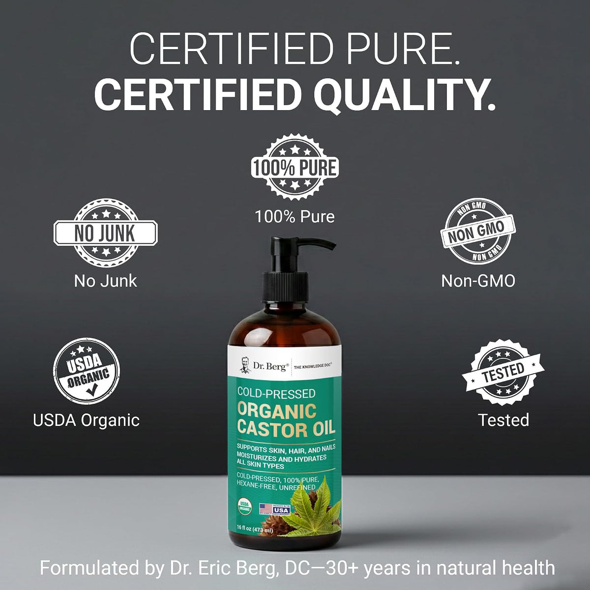 Dr. Berg Organic Castor Oil – 16 fl oz Cold-Pressed Oil – Pure, Unrefined, Single Ingredient – Sourced in India, Bottled in USA – Lab Tested, USDA Organic, Glass Bottle