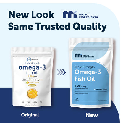 Micro Ingredients Triple Strength Omega-3 Fish Oil 4,200 mg Per Serving | EPA 1200mg + DHA 900mg Per Serving, Wild Caught Fish Source, Lemon-Flavored, 240 Softgels, Burpless, No Fishy Aftertaste.