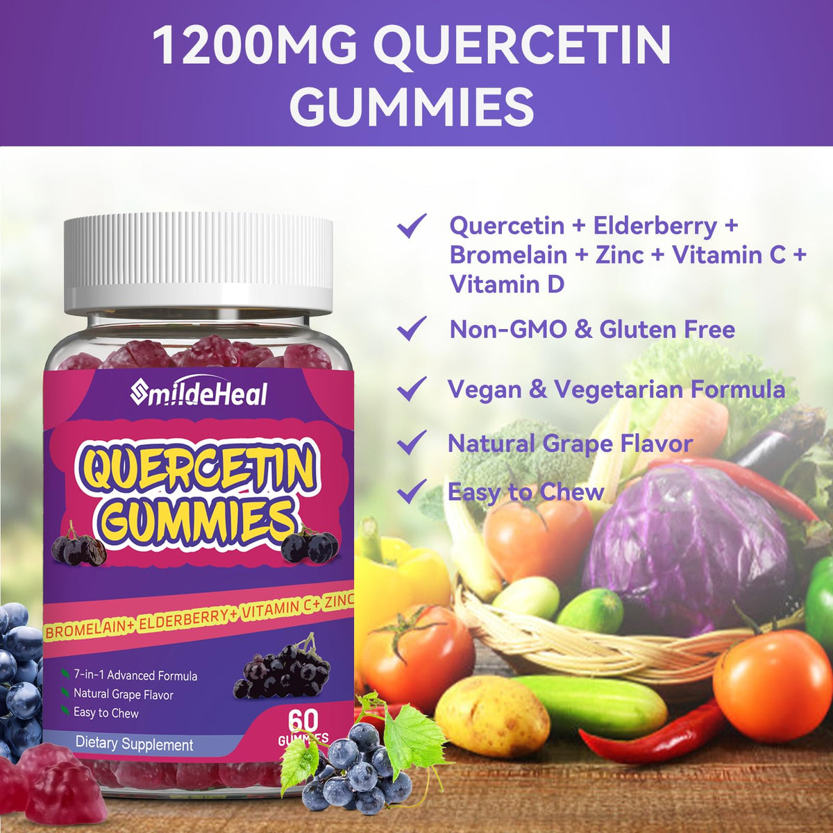2 Pack Quercetin Gummies 1200MG, Quercetin Gummies with Bromelain, Zinc Vitamin C, Immune System Vegan Gummy for Adult & Kid, 120 Vegan