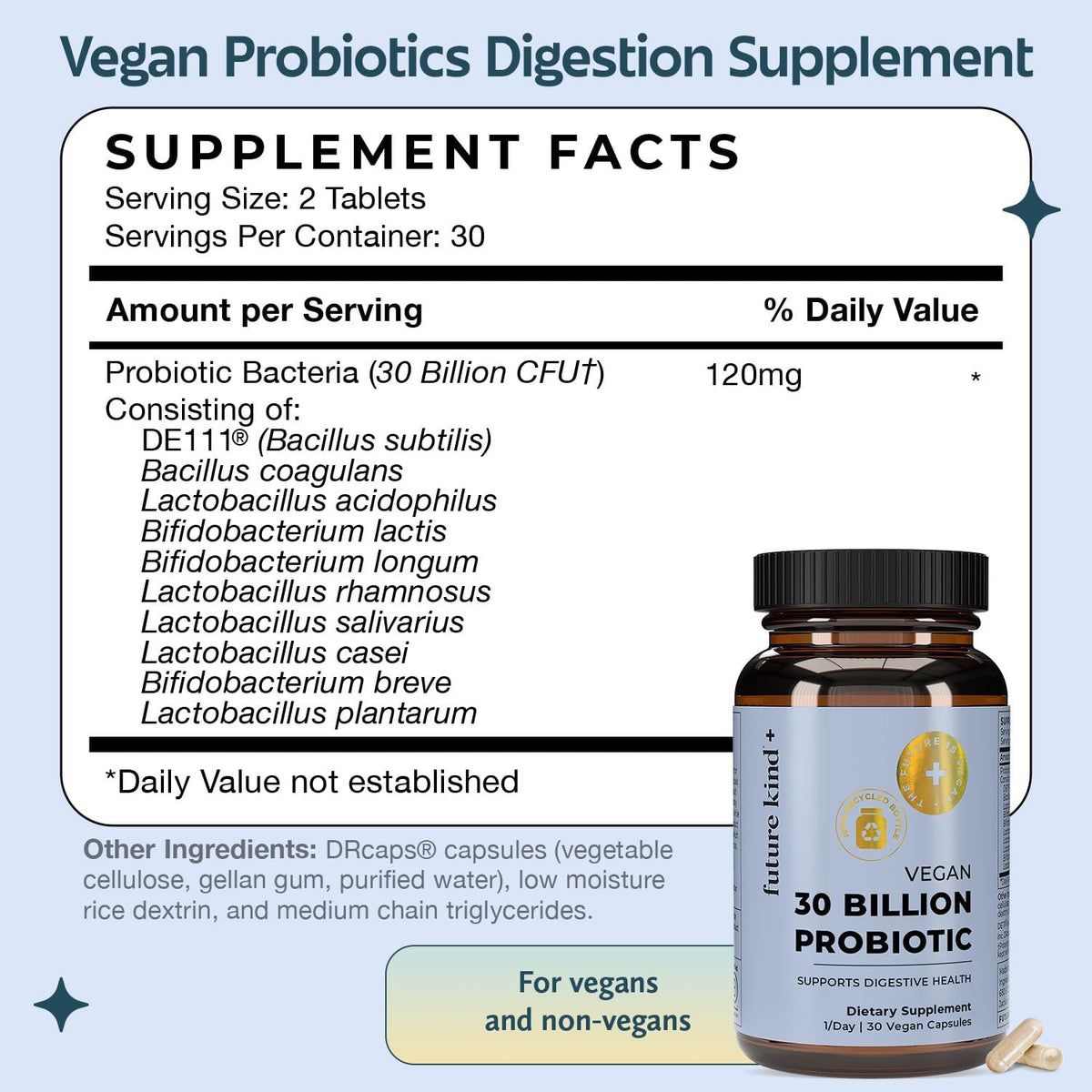 Future Kind Vegan Probiotics for Women and Men - 30 Billion CFUs Probiotics for Digestive Support (30 Adult Probiotic Capsules) No GMOs, Daily Probiotic Supplements from 42 Fruits & Vegetables