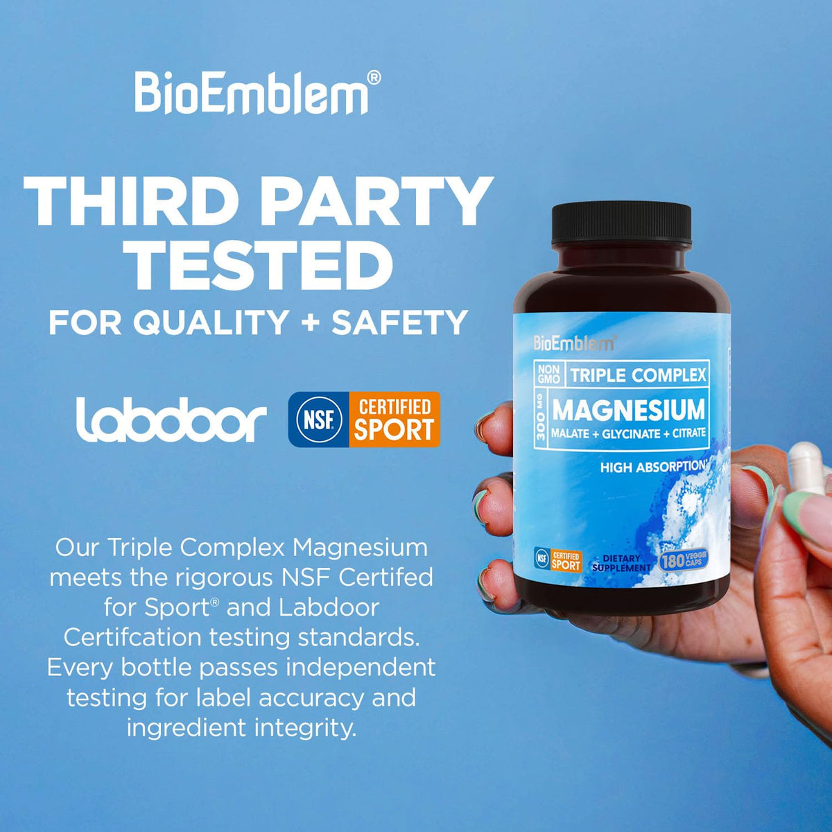 BioEmblem Triple Magnesium Complex | 300mg of Magnesium Glycinate, Malate, & Citrate for Muscles, Nerves, & Energy | High Absorption | Vegan, Non-GMO (180 Capsules)