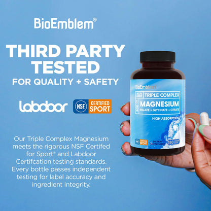 BioEmblem Triple Magnesium Complex | 300mg of Magnesium Glycinate, Malate, & Citrate for Muscles, Nerves, & Energy | High Absorption | Vegan, Non-GMO (180 Capsules)
