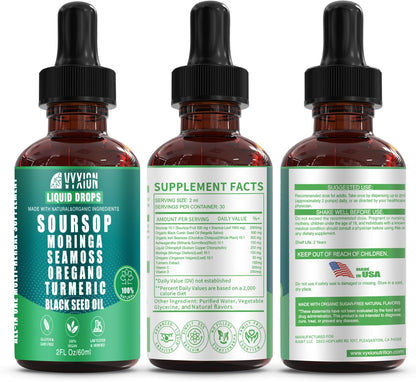 Soursop Bitters Liquid Drops 10 in 1 with Sea Moss, Moringa, Turmeric, Black Seed Oil, Oregano, Ashwagandha | Herbal Extracts for Overall Health-Enhancing |Vegan, Non-GMO| 2 Fl Oz(Mixed Berry Flavor)